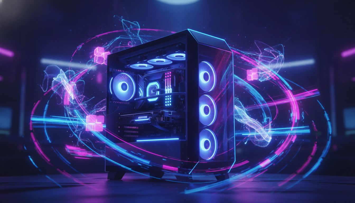 A futuristic gaming PC setup surrounded by dynamic light, symbolizing new game releases.