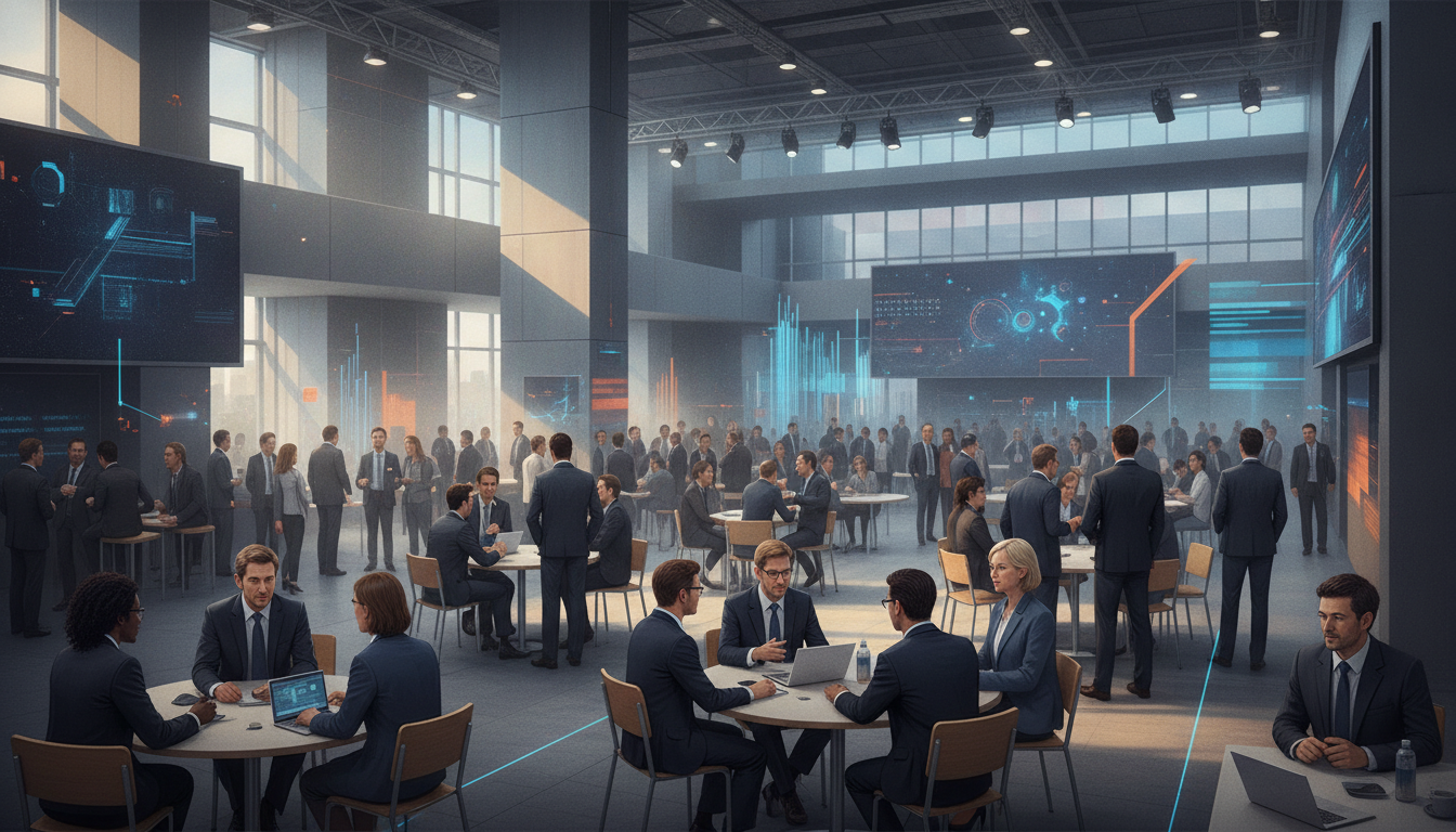 An illustration of gaming industry professionals networking in a busy B2B zone at a large convention.