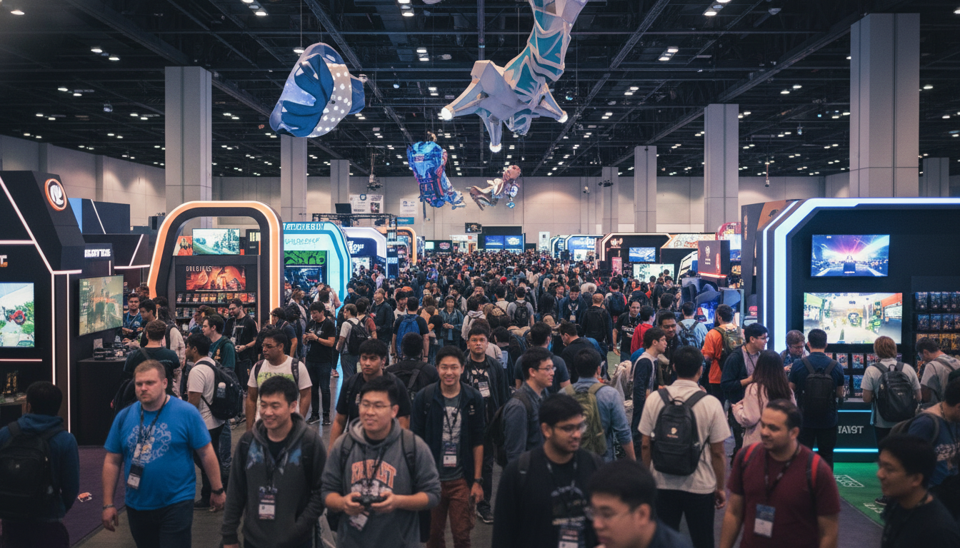 A vibrant and busy scene on the PAX East convention floor, with many diverse attendees exploring game booths.
