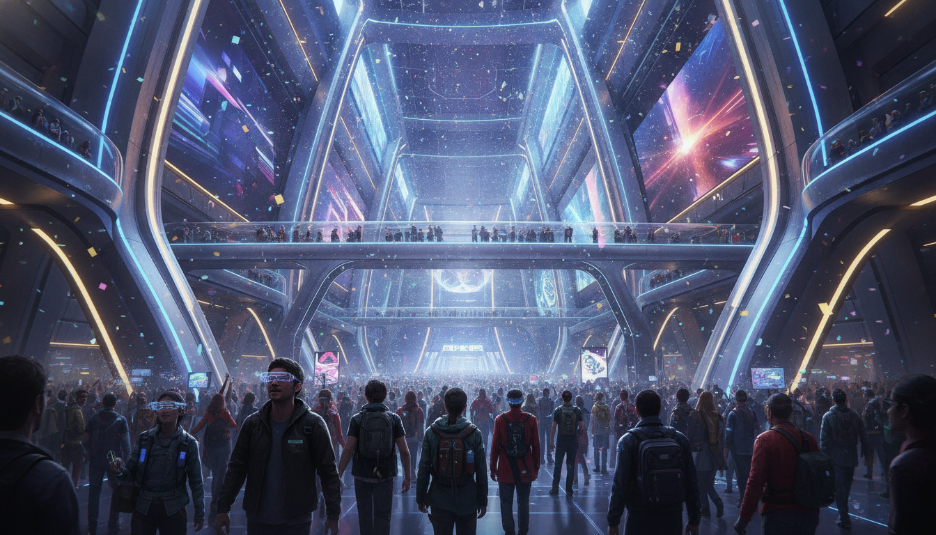 A vibrant, futuristic scene depicting the bustling entrance of a major gaming convention in Japan, filled with excited attendees.