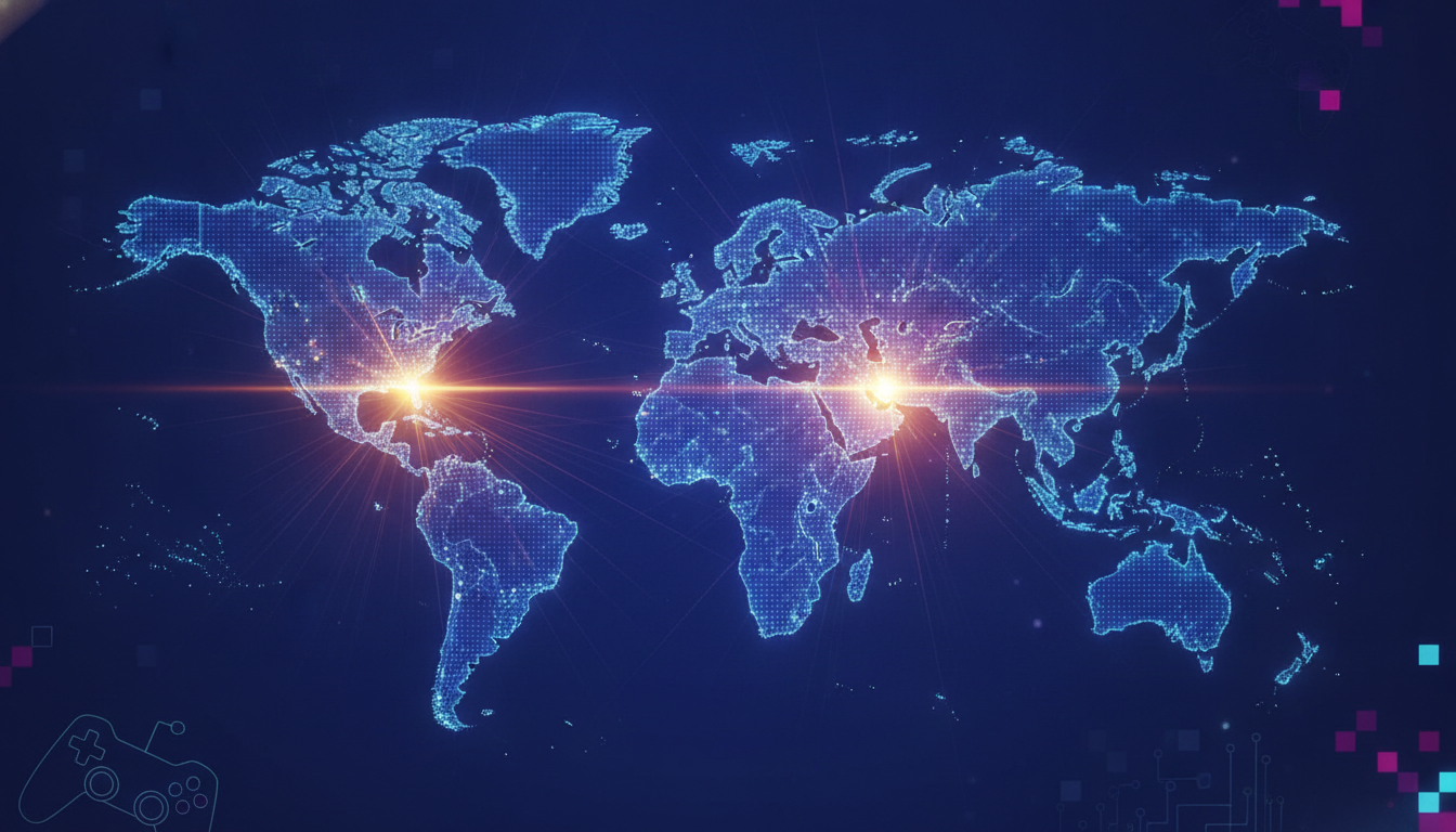 A stylized world map with glowing connections between major gaming convention locations in North America and Japan, representing global industry activity.