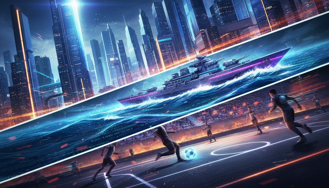 Dynamic visual representing the vibrant and diverse Asian online gaming market with elements of RPG, naval combat, and sports games.