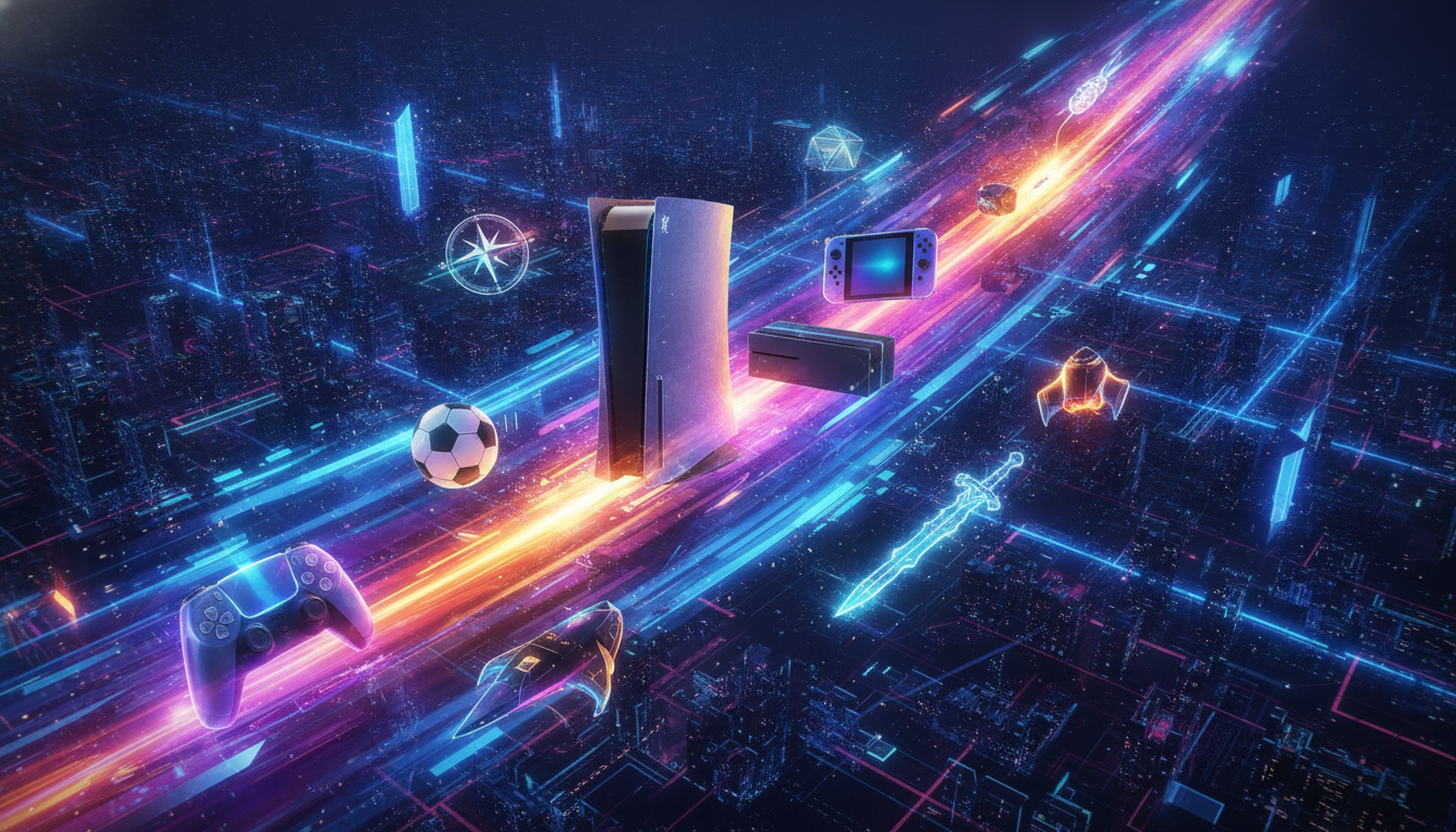 A vibrant, abstract representation of new console game releases across PS5, Xbox Series X|S, and Nintendo Switch 2, symbolizing diverse genres and excitement.