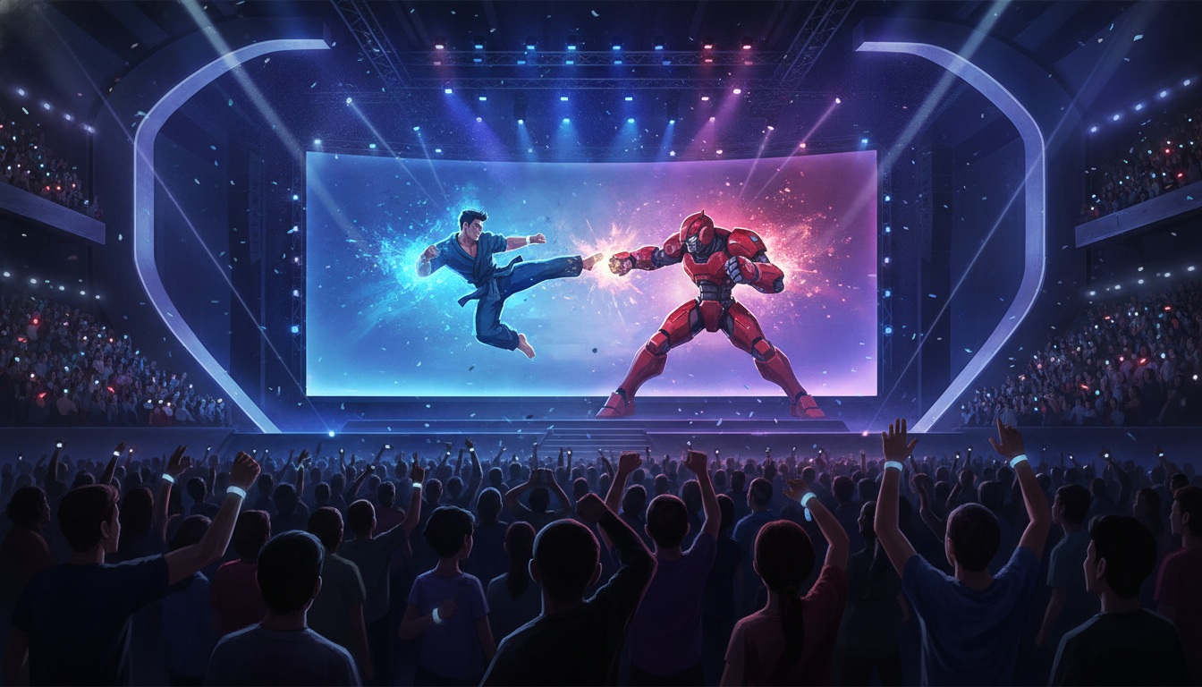 An overhead view of a packed esports arena, with a large screen displaying two fighting game characters in intense combat, surrounded by a cheering audience at a major tournament.
