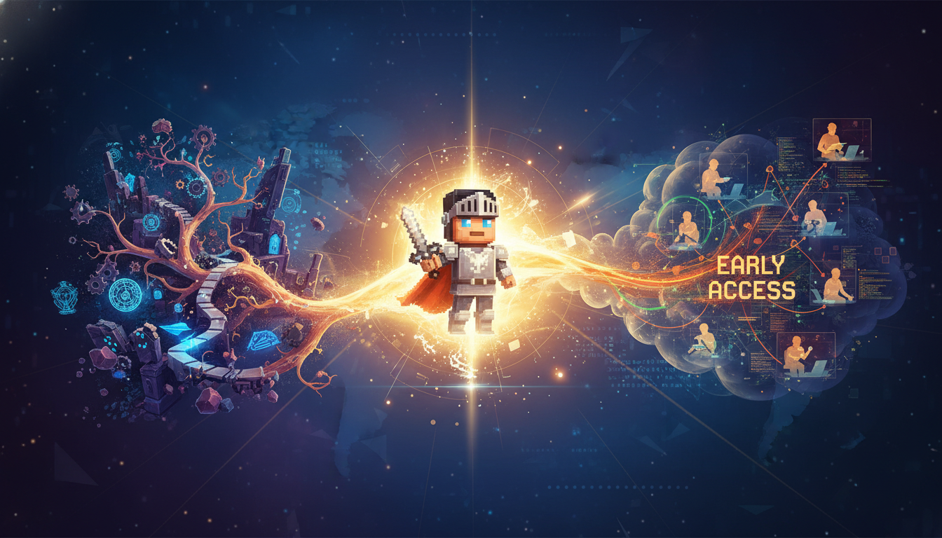 A conceptual illustration merging visual elements of roguelite games, modern remakes, and community-driven Early Access development.
