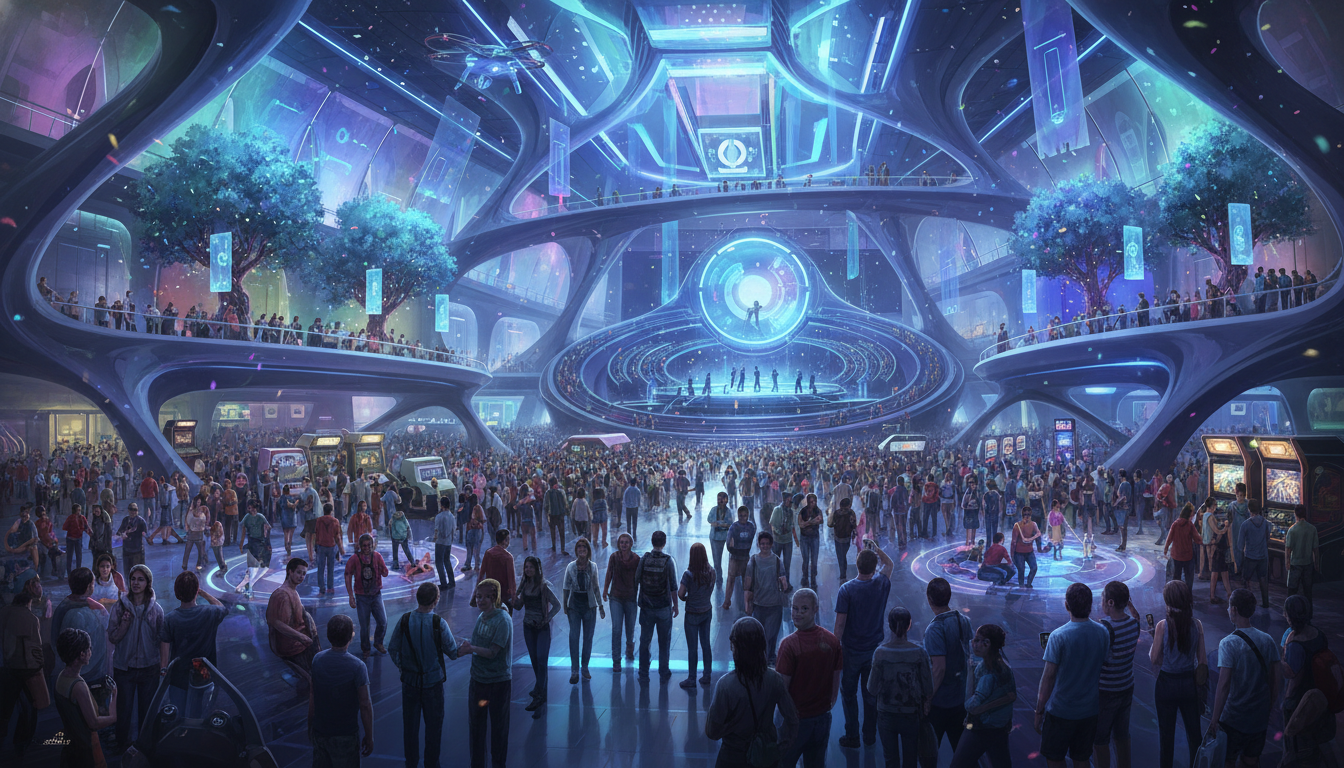 A bustling, futuristic convention hall filled with diverse gamers exploring interactive exhibits.