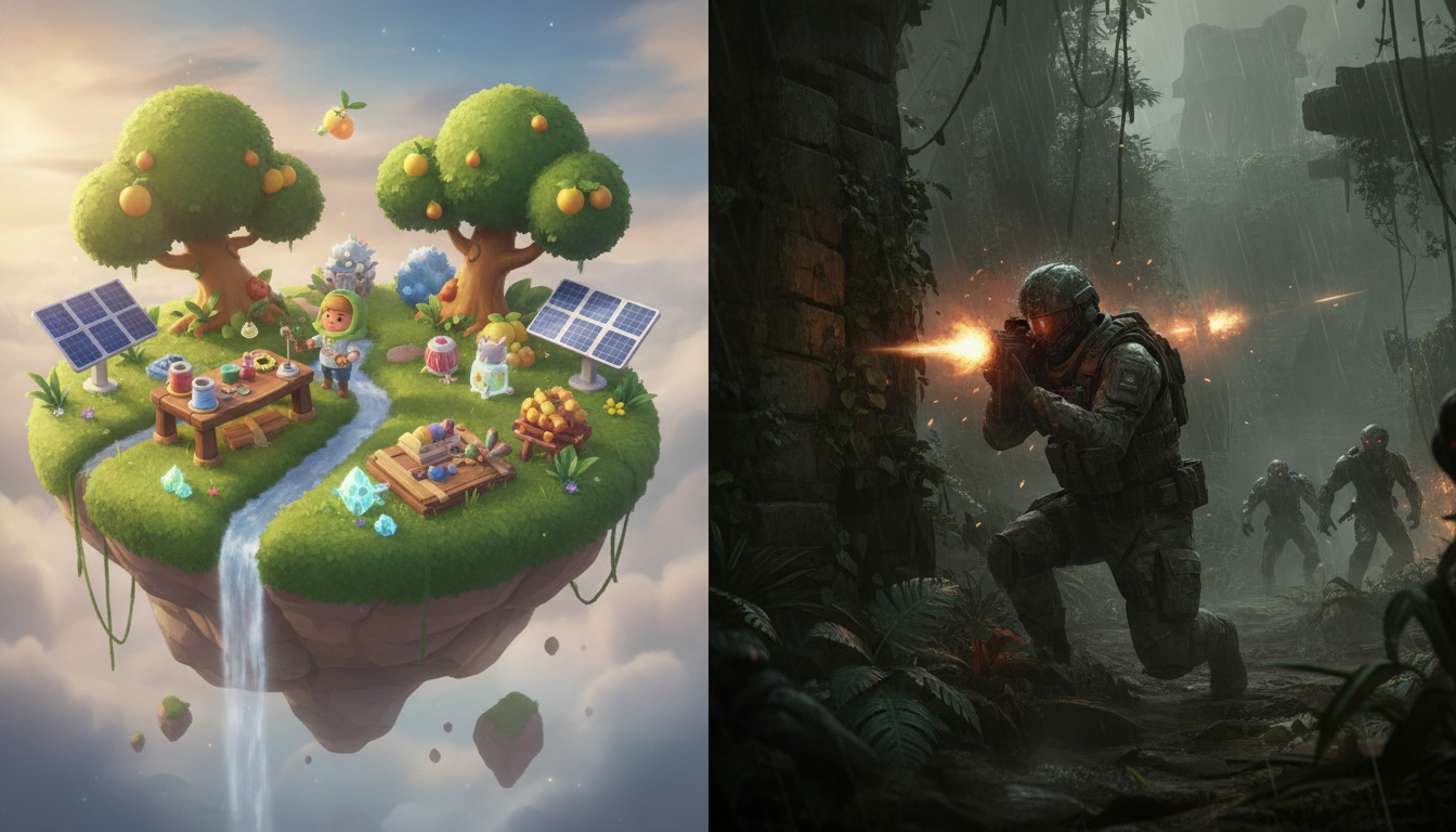 A visual contrast between a peaceful, eco-conscious crafting game and an intense, large-scale first-person shooter.