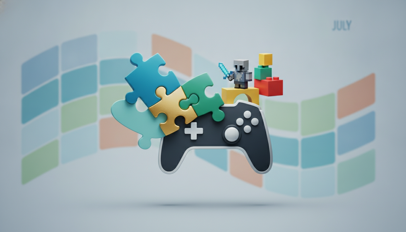 An abstract illustration symbolizing diverse indie game genres and platforms launching in July.