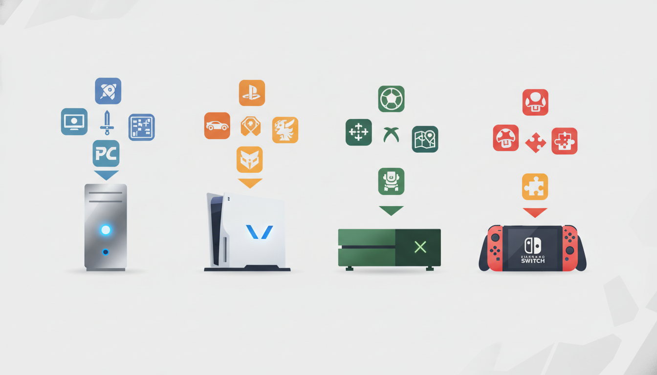 A modern illustration showing stylized representations of PC, PlayStation, Xbox, and Nintendo Switch consoles, each surrounded by a diverse array of generic game icons, symbolizing a month of varied releases across platforms.