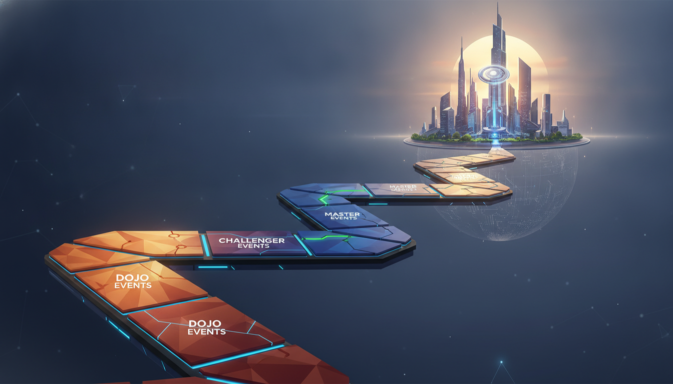Stylized graphic depicting a hierarchical path of competitive tiers leading to a global esports final.