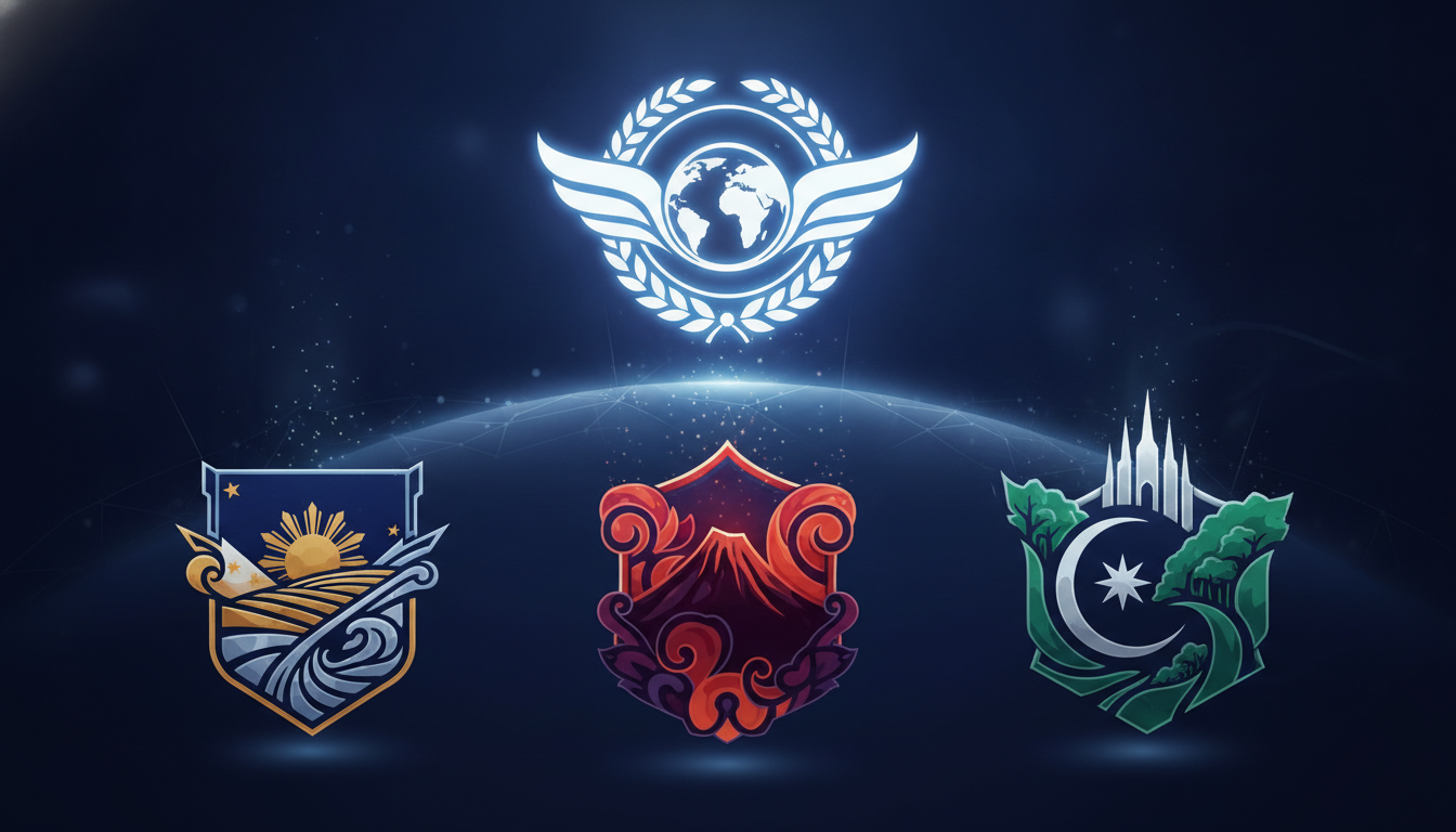 Abstract representation of three Southeast Asian regions converging towards a global esports championship.