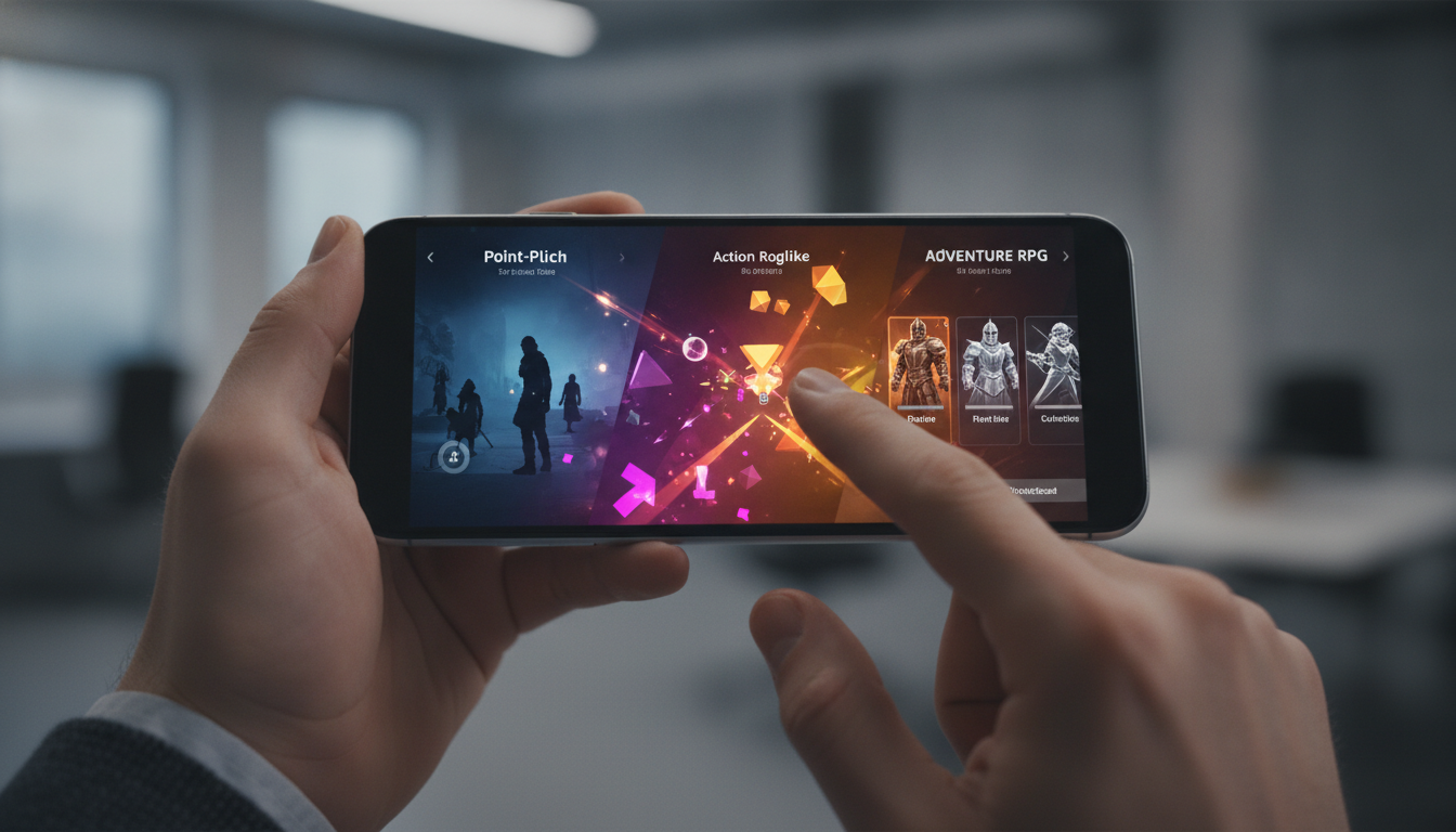 Hands interacting with a smartphone, showcasing dynamic transitions between point-and-click, action roguelike, and RPG mobile game interfaces.
