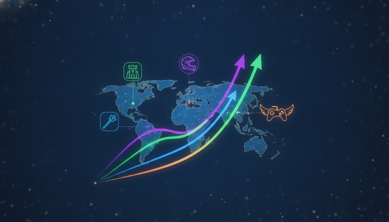 Abstract visual representing the evolving global mobile gaming market, showing growth in engagement and revenue.