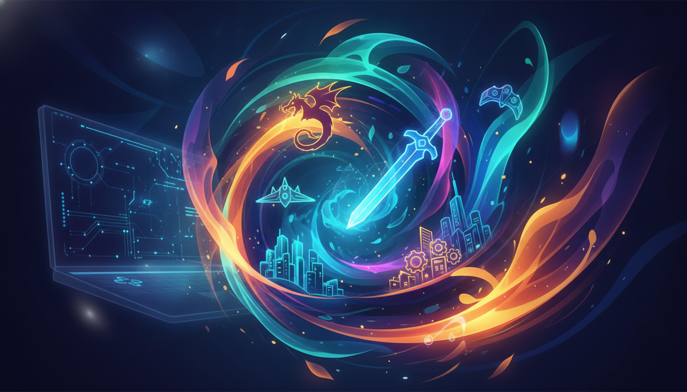 A vibrant digital illustration showcasing diverse video game genres and a new gaming device, representing the Steam platform's July 2026 offerings.