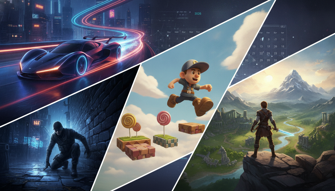 A dynamic collage showcasing various video game genres and new releases for May 2026.