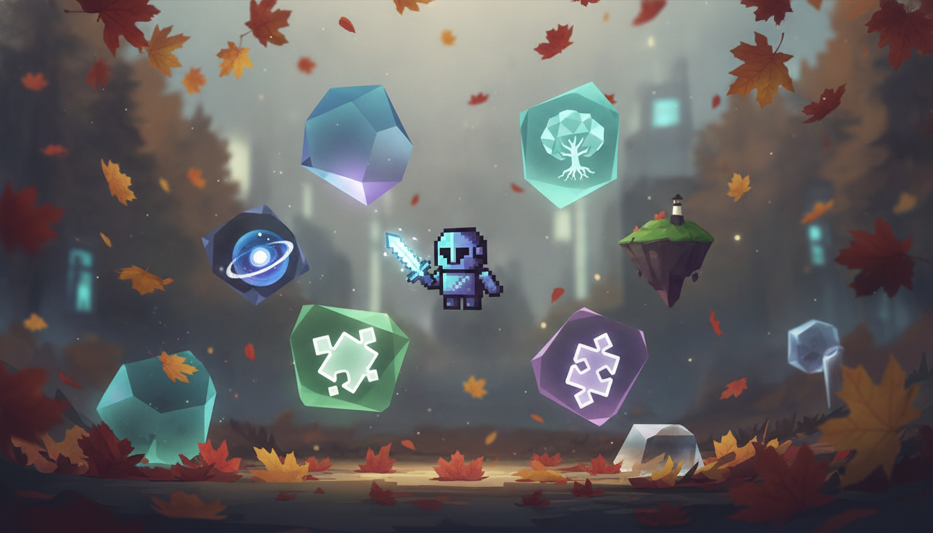 Abstract illustration of diverse indie game elements amidst autumn leaves, symbolizing new releases and creativity.