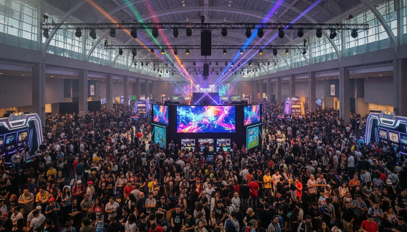 A large, energetic crowd explores a modern gaming convention in São Paulo.