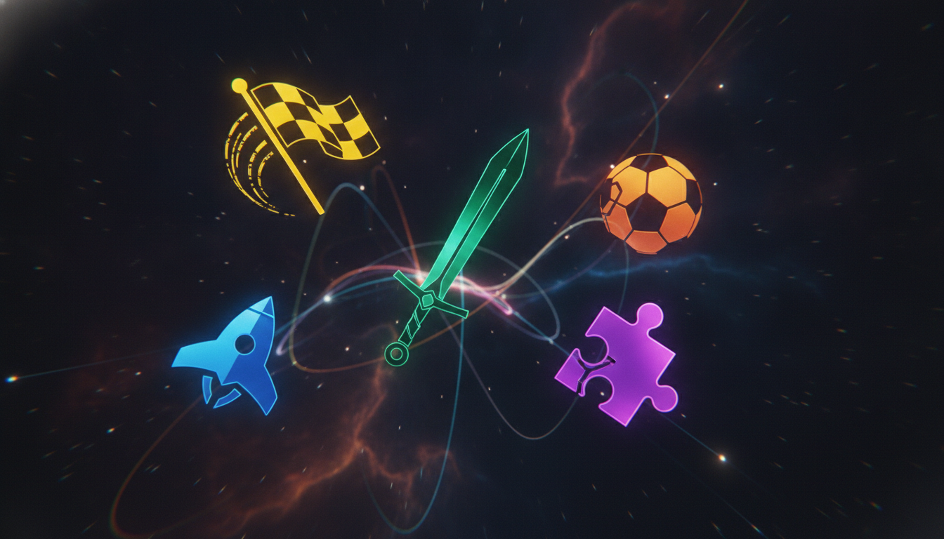 A colorful, abstract collage of symbols representing diverse video game genres.