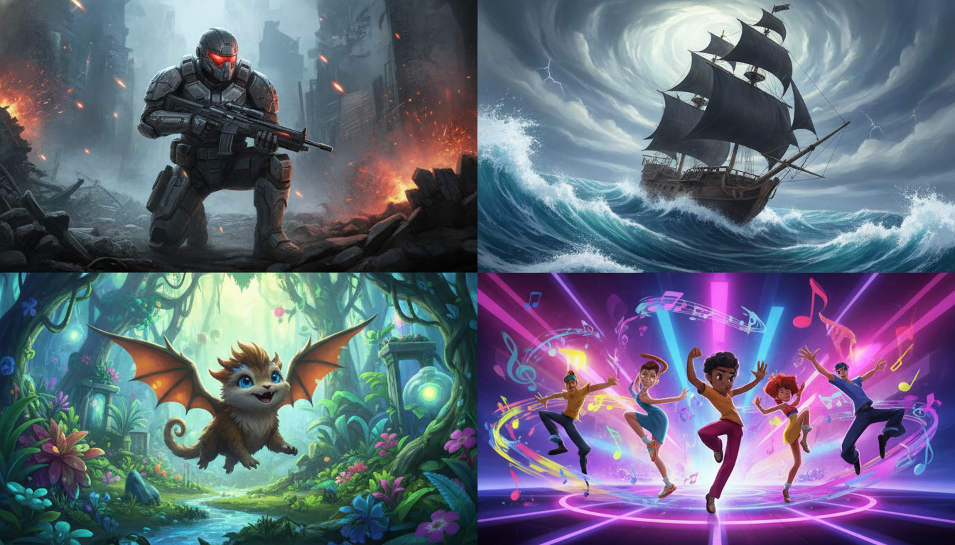 A dynamic four-panel image showcasing diverse video game genres, including a futuristic shooter, a pirate adventure, a monster-collecting game, and a vibrant rhythm action scene, highlighting major console releases.