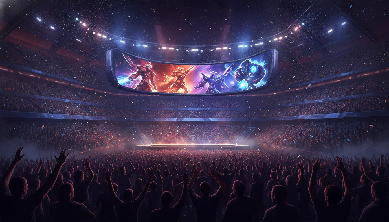 A packed esports arena with a large screen displaying League of Legends gameplay, conveying the excitement of the World Championship.