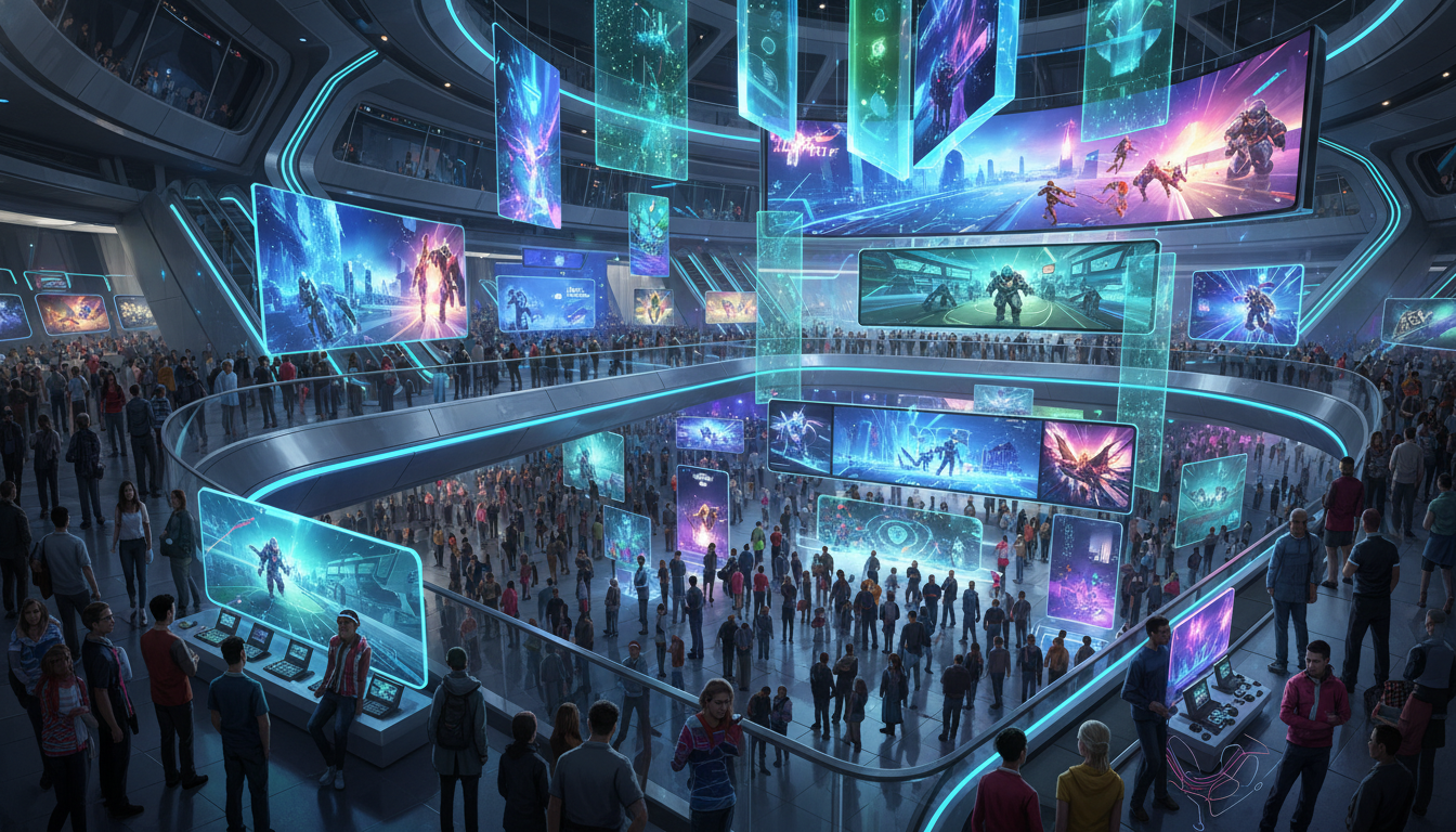 A wide shot of a vibrant, futuristic gaming convention with diverse attendees interacting with digital displays.