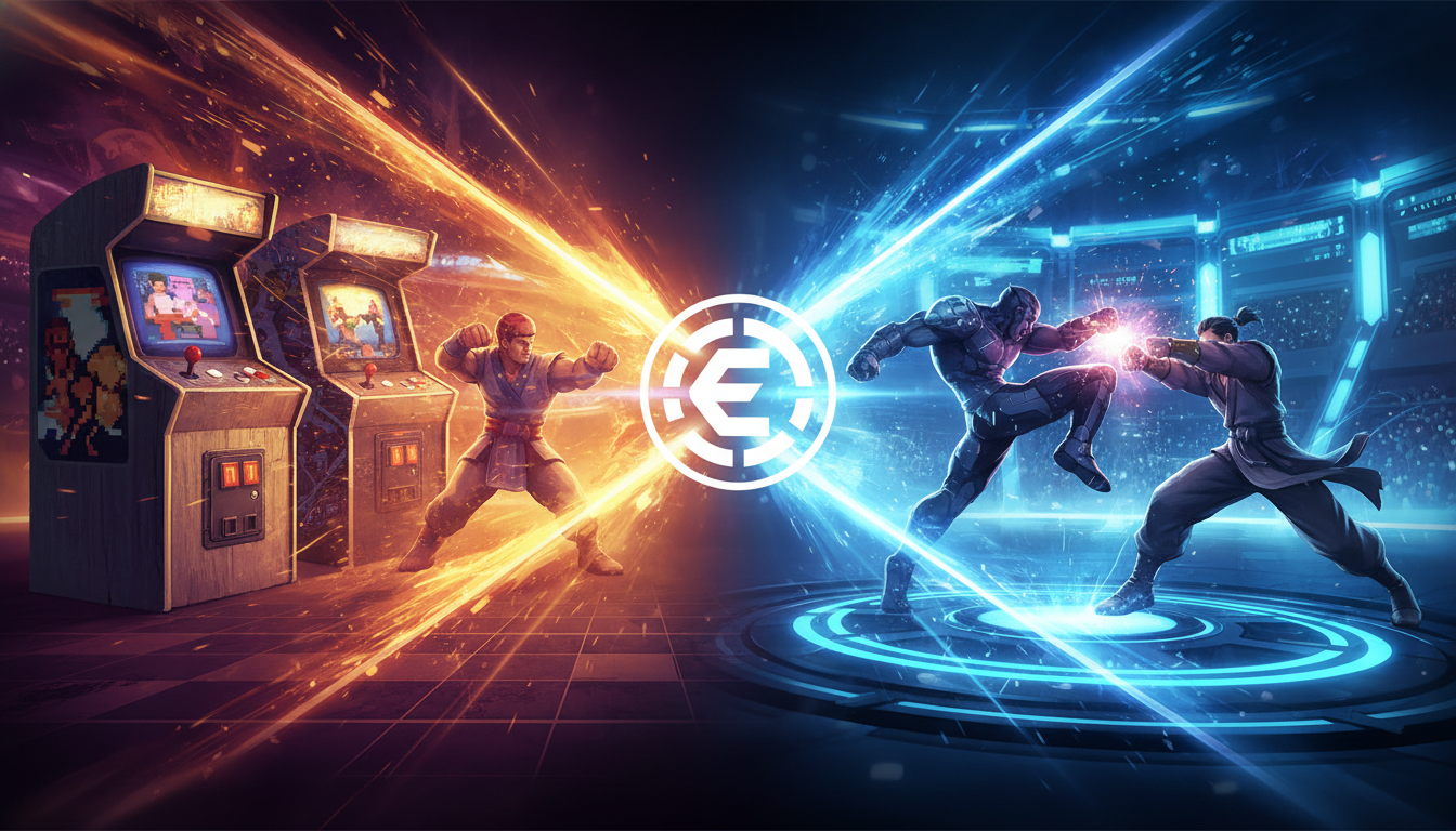 Abstract visual representing the evolution and diversity of fighting game styles, blending classic and modern aesthetics.