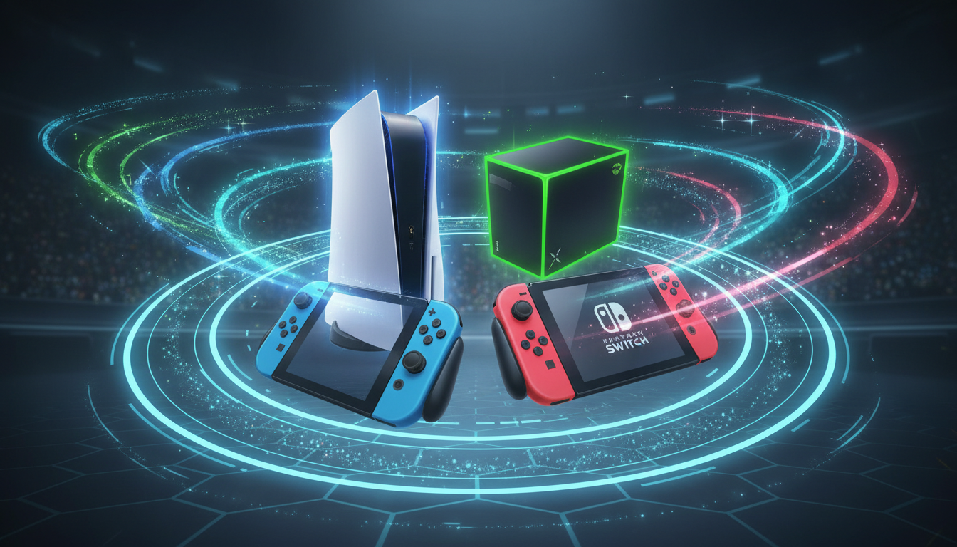 A visual metaphor for the exciting June 2026 console game lineup across PlayStation, Xbox, and Nintendo Switch.