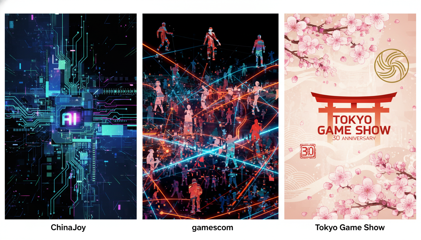Visual comparison of ChinaJoy's AI focus, gamescom's digital culture, and Tokyo Game Show's 30th anniversary.