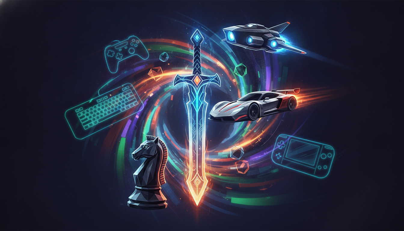 Abstract digital art illustrating a busy month of diverse video game releases across multiple platforms.