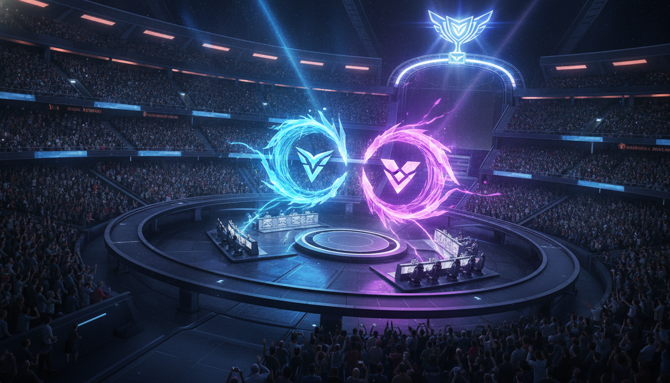 A dynamic and futuristic esports arena representing the intense competition of the LCK 2026 final phase.