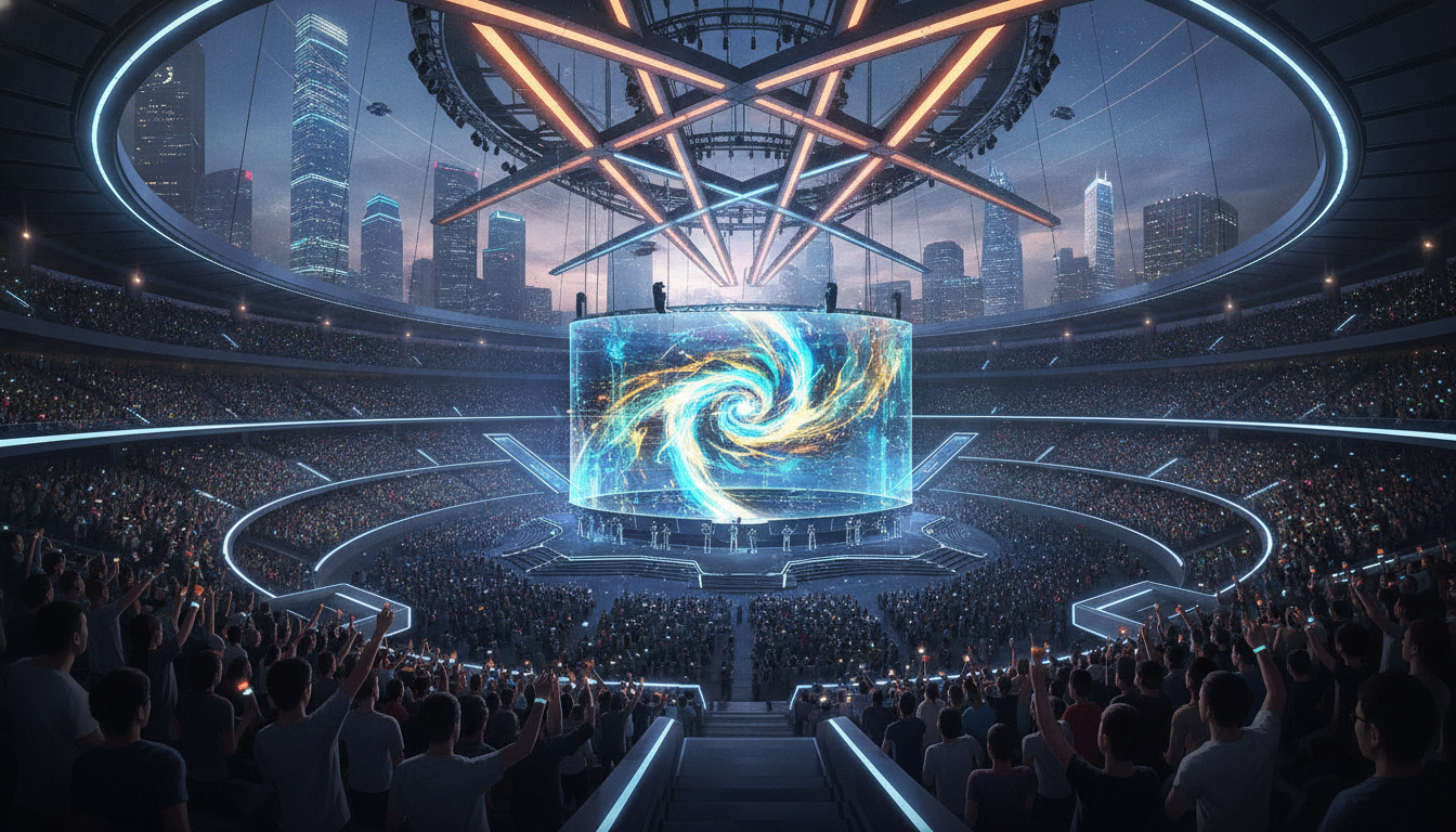 A large, futuristic esports arena in China, with a cheering crowd and a holographic display showing abstract competitive gaming visuals.