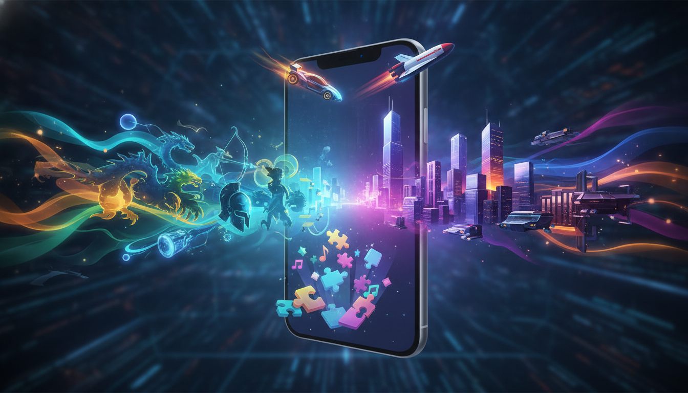 A glowing smartphone displaying a dynamic collage of various mobile game elements, symbolizing new releases.