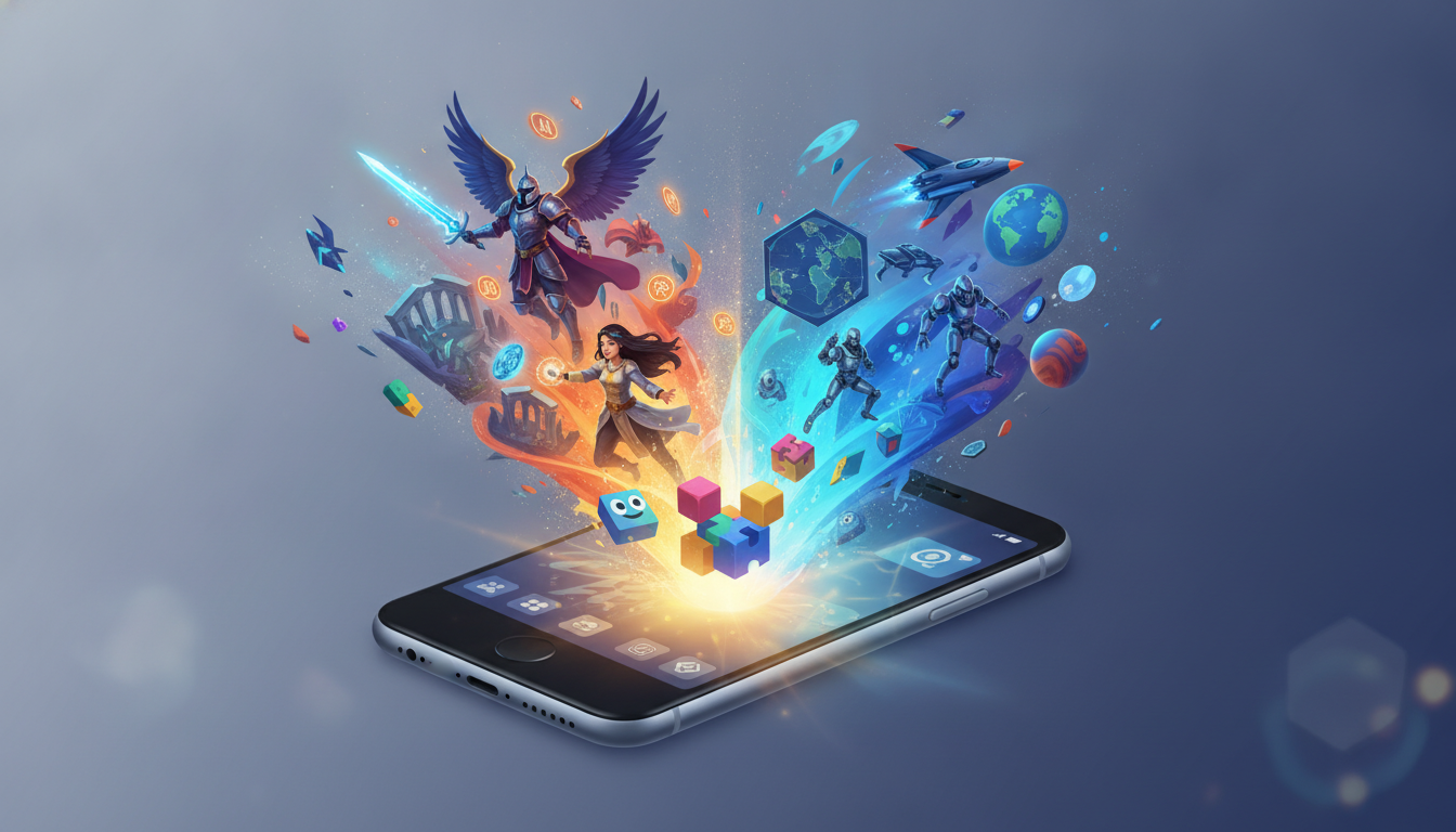 A smartphone screen displaying a dynamic collage of diverse mobile game characters and genre elements, symbolizing new releases.