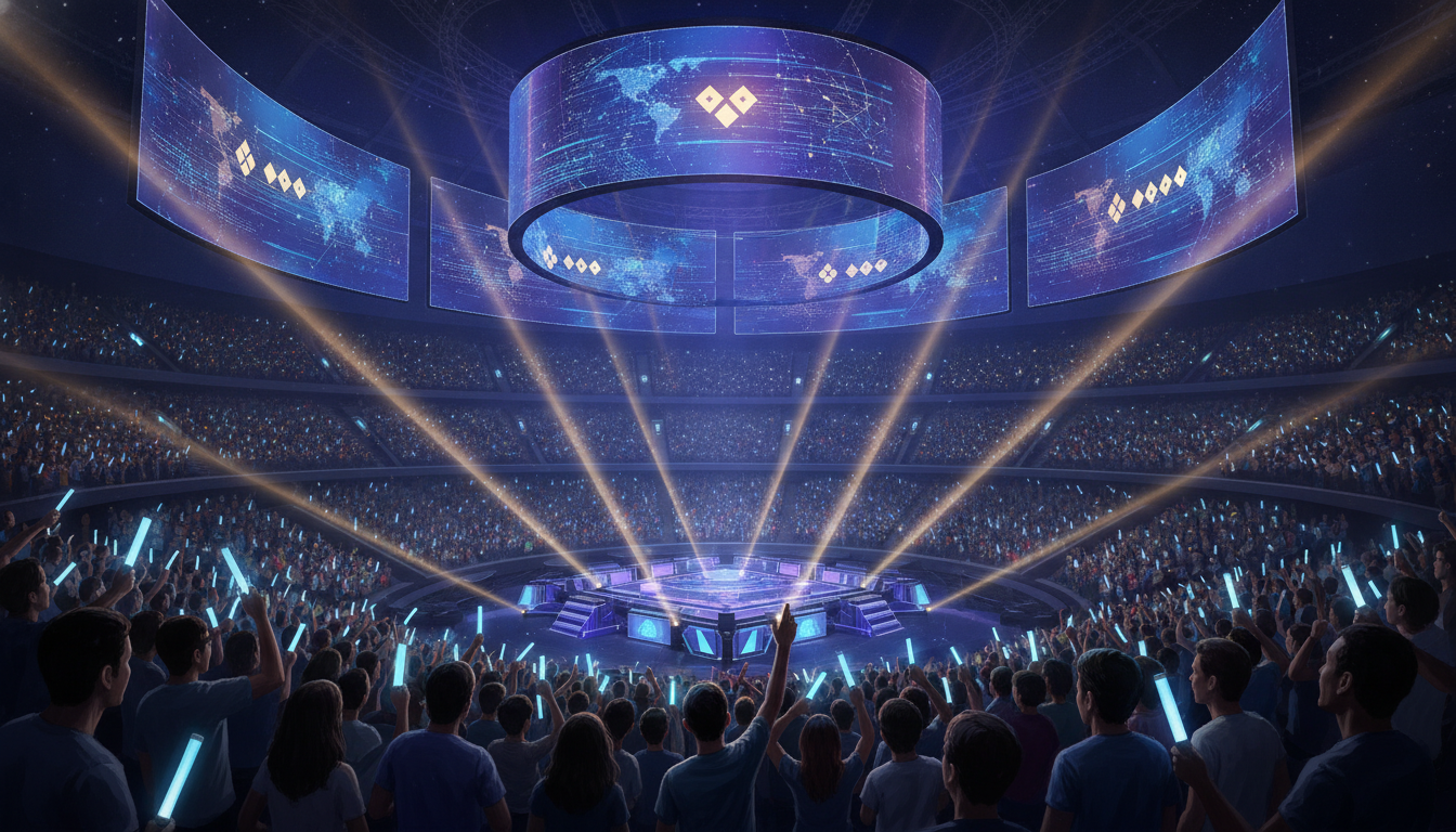A bustling esports arena with digital screens, representing the global reach and excitement of competitive gaming.