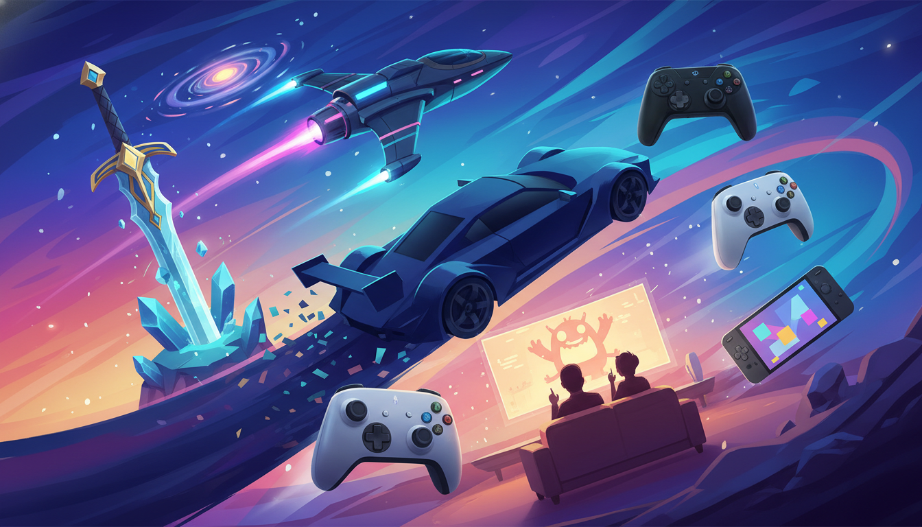 A vibrant abstract composition of stylized video game elements and generic controllers, symbolizing new releases across diverse genres and platforms.