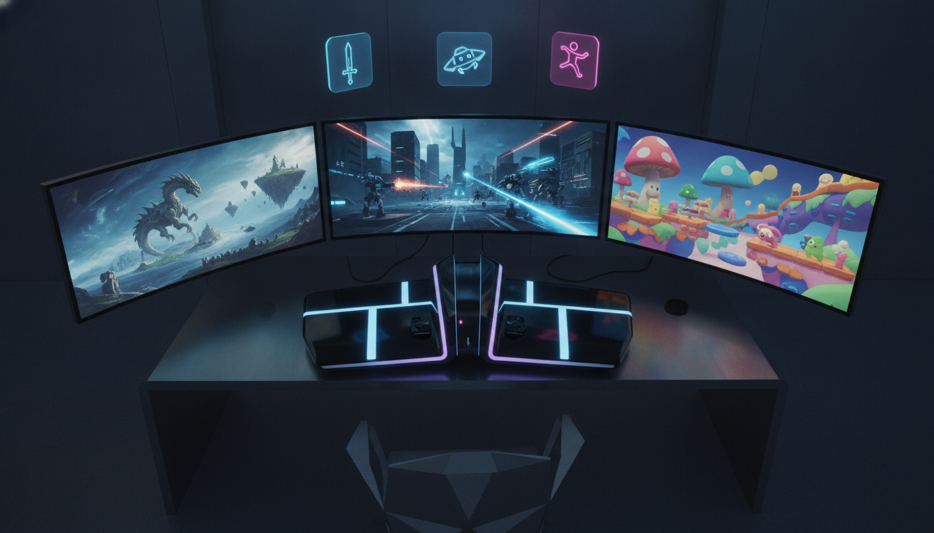 A futuristic gaming setup with multiple screens displaying diverse abstract game scenes, symbolizing the variety of new console releases.