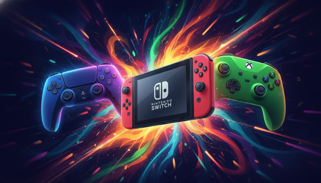 Stylized illustration of PlayStation, Xbox, and Nintendo Switch controllers glowing with vibrant energy, representing upcoming console game releases.
