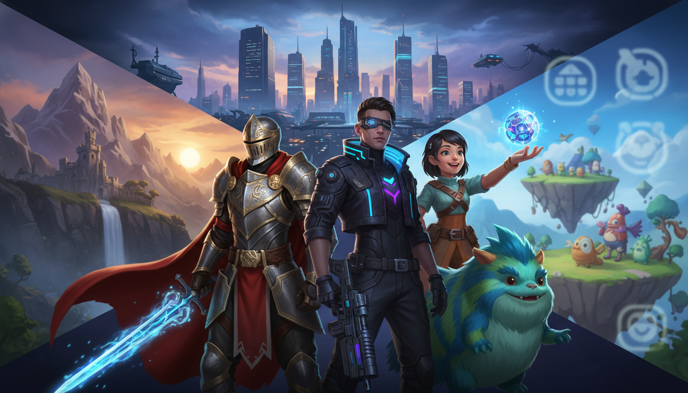 A diverse group of RPG characters, including a fantasy knight, a cyberpunk hero, and a stylized adventurer, against a blended backdrop of fantasy, sci-fi, and vibrant worlds.