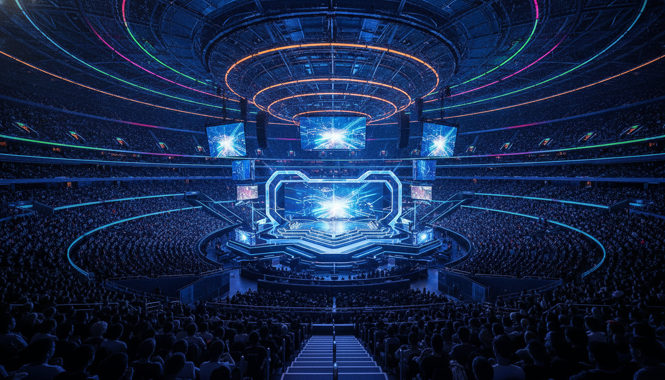 A large, modern esports arena in Shanghai, illuminated with dynamic lights and a silhouetted audience, ready for a major tournament.