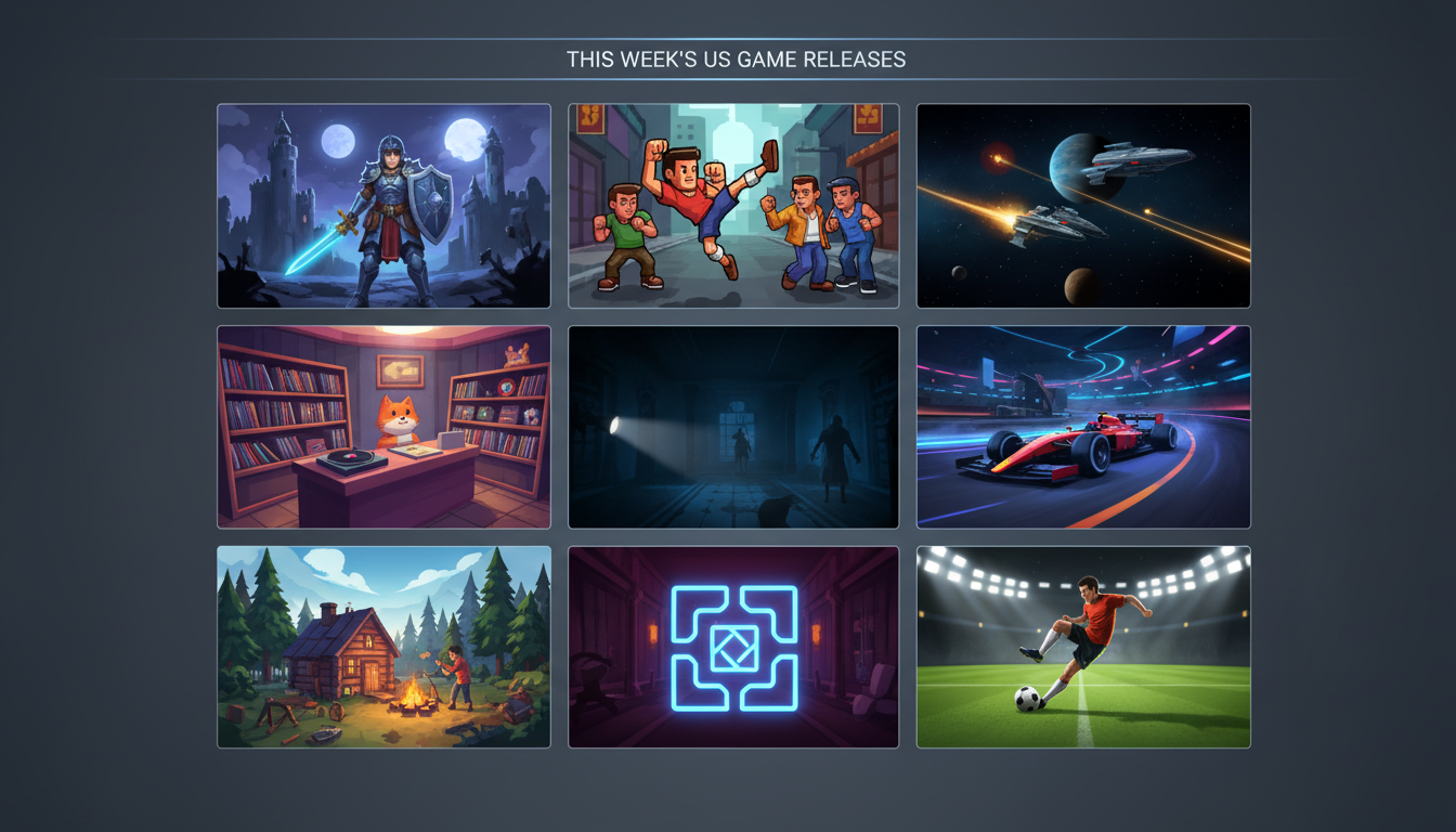 Grid of varied video game scenes and icons, illustrating different genres and new releases.