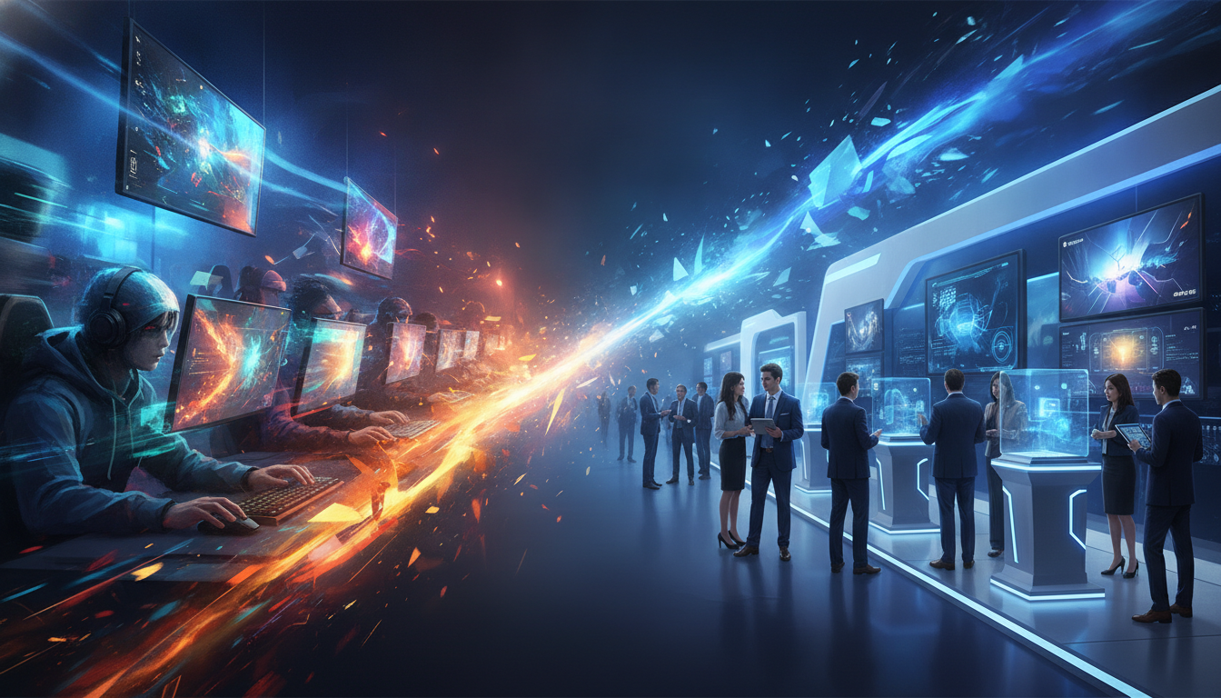 A composite image showing dynamic esports action on one side and a professional gaming convention with attendees interacting on the other.