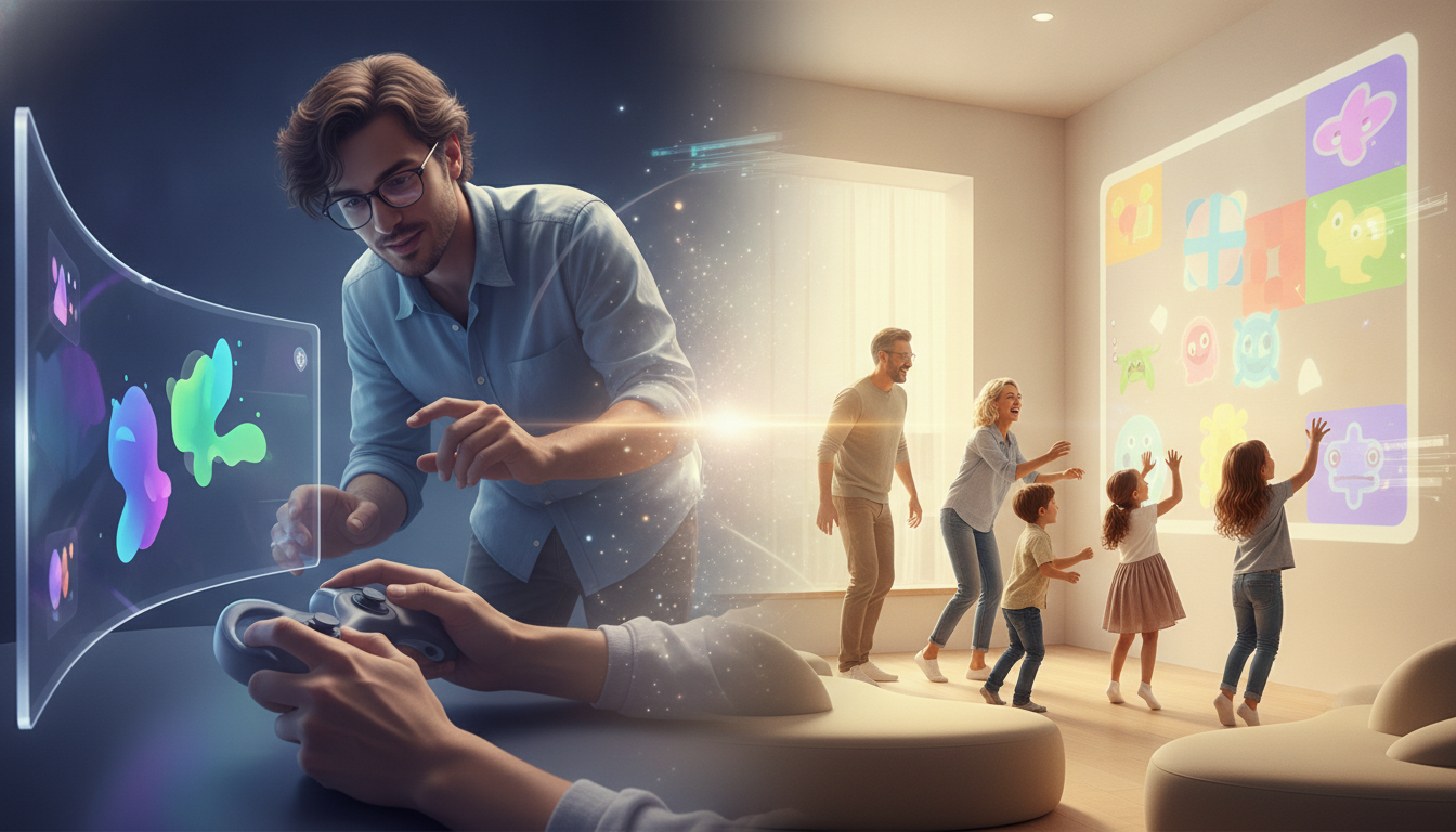 A visual representing diverse gaming experiences, showing an indie game being played on one side and a family enjoying games in a dedicated area on the other.