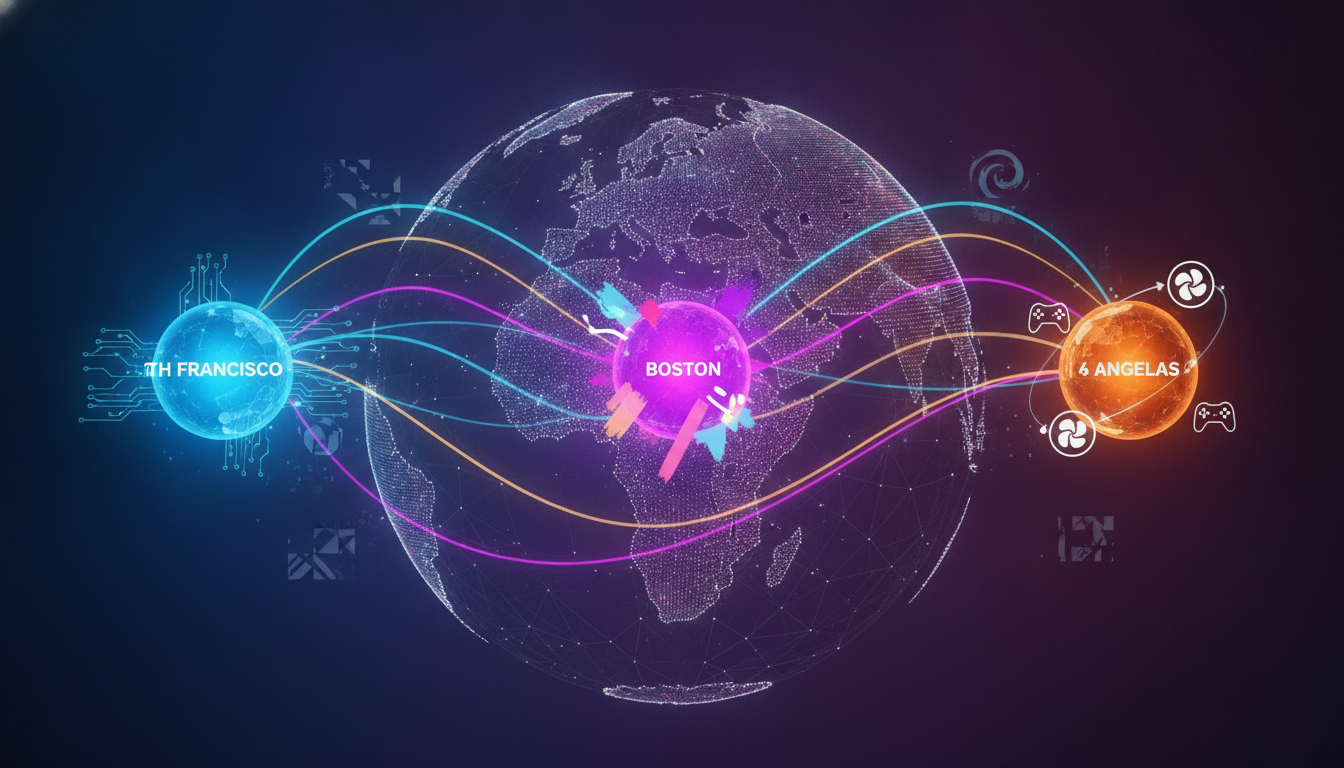 Abstract illustration of global gaming events, showing interconnected nodes for GDC, PAX East, and Summer Game Fest.