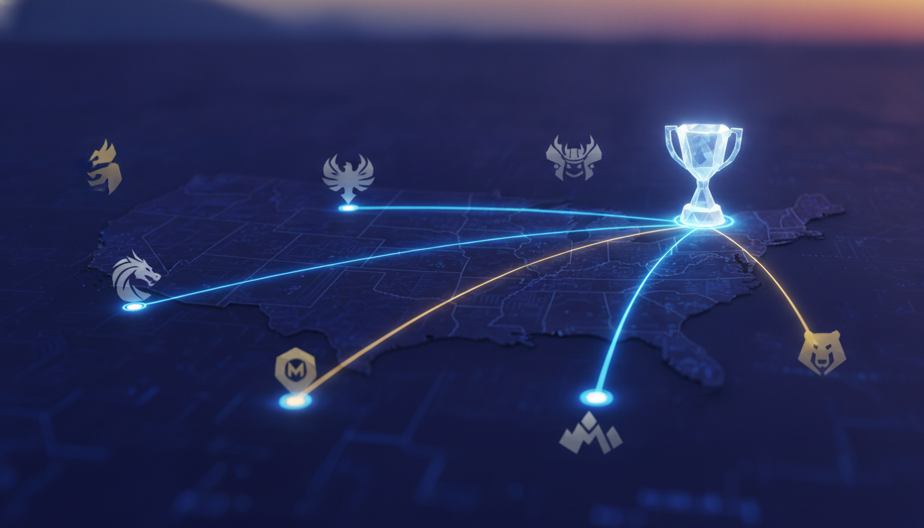 A stylized map of the United States showing a path connecting cities, symbolizing the journey of esports teams to the championship trophy.