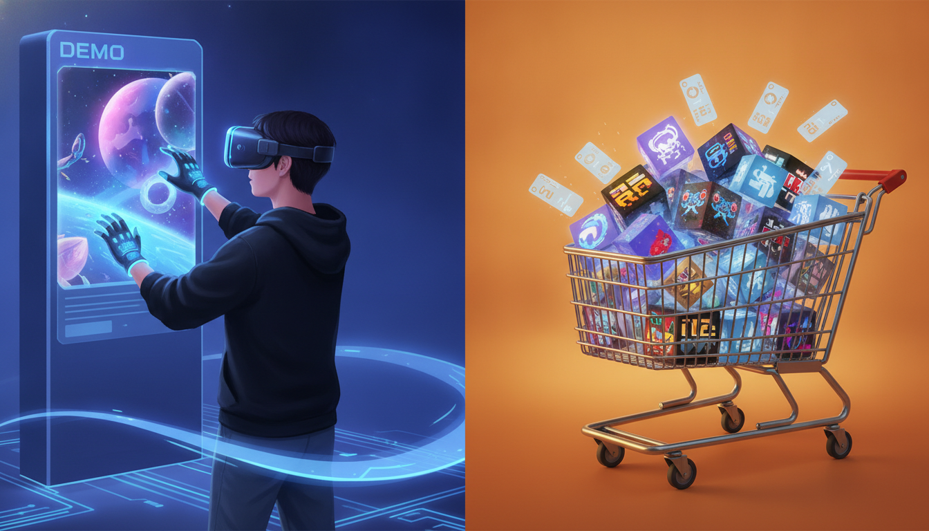 A visual representation of Steam Next Fest with game demos and the Steam Summer Sale with discounted games.