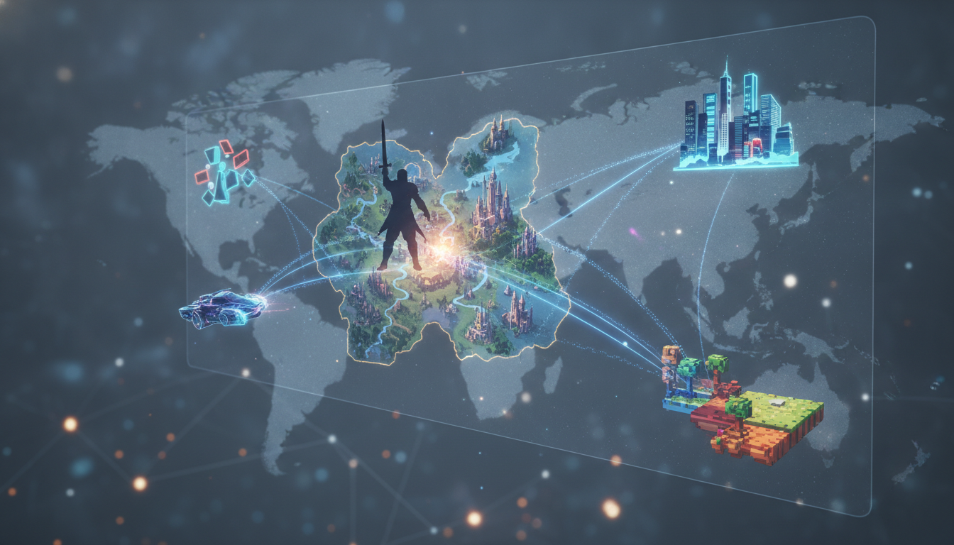 A holographic display showing abstract game world elements connected by glowing lines, set against a global network, representing international game launches.