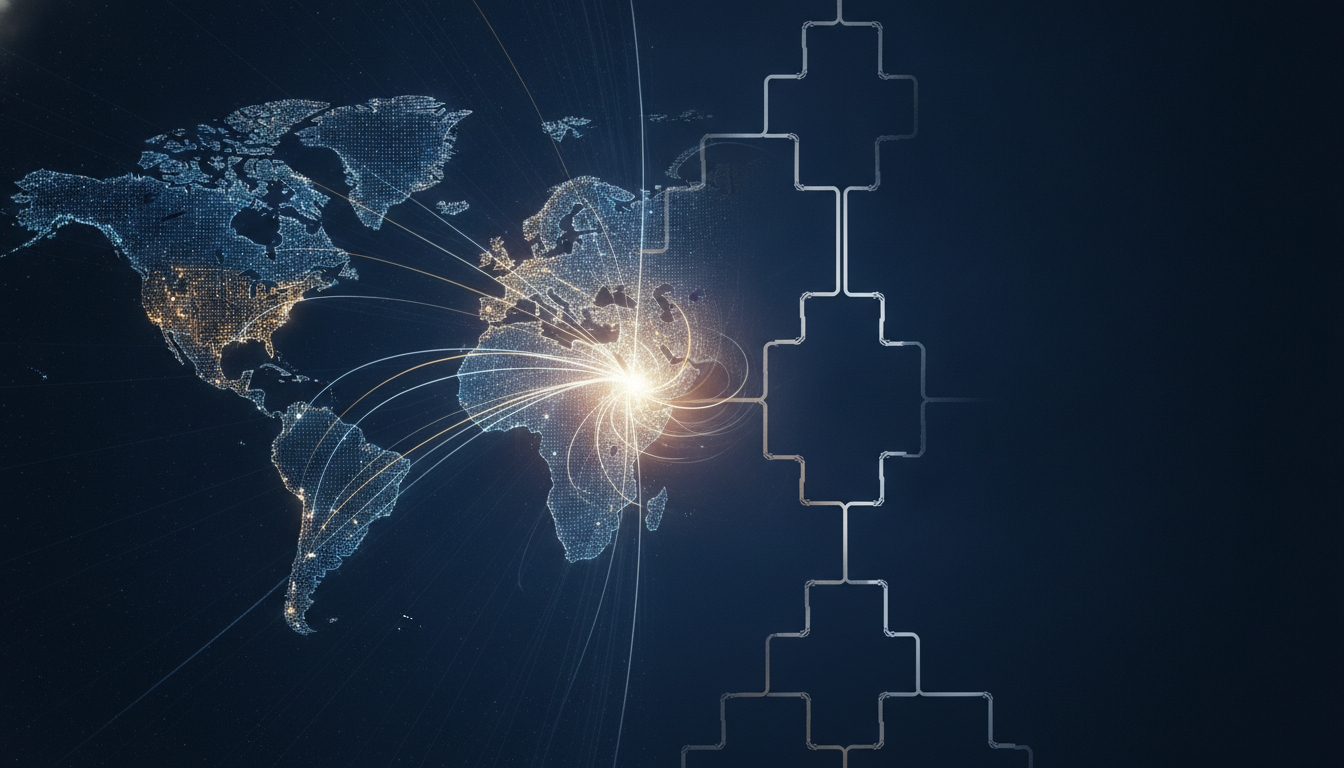 A conceptual image illustrating the global journey of Overwatch World Cup teams and the qualification pathways of the Overwatch Champions Series.