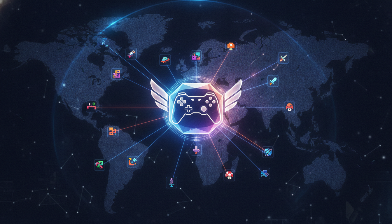 Abstract illustration of indie game development supported by a global publishing network.