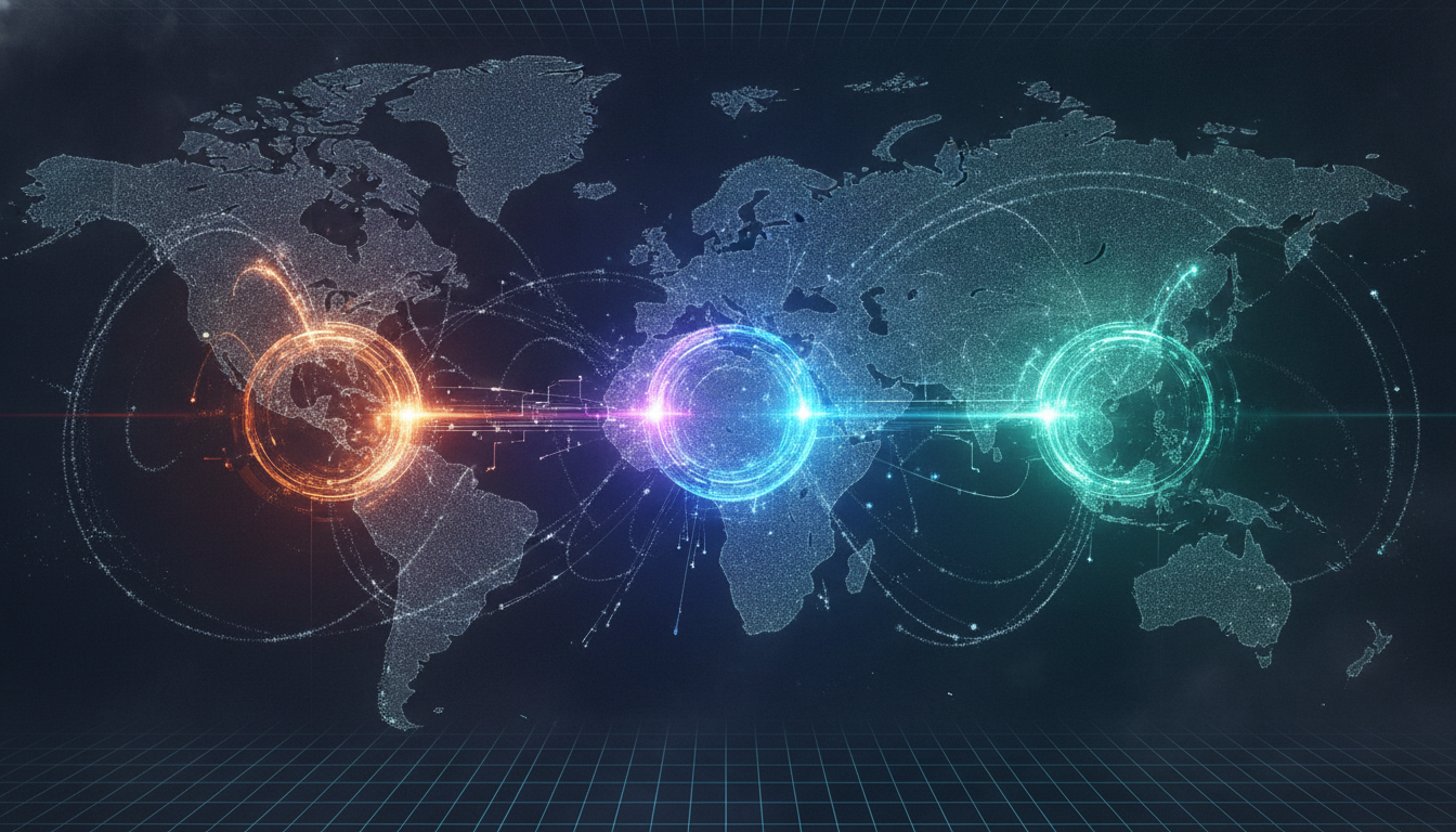 Three distinct, abstract digital entities representing major Chinese mobile game companies, interconnected by global data streams over a stylized world map, illustrating their international influence.
