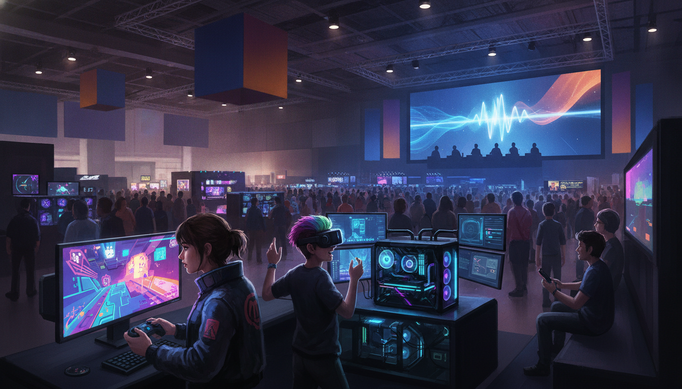 A diverse group of gamers experiencing different facets of a convention, including indie games, hardware, and panel discussions.